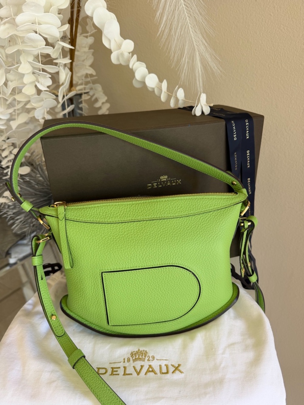 Authentic Delvaux Spin Swing Lime Green Pebbled Leather Crossbody Bag